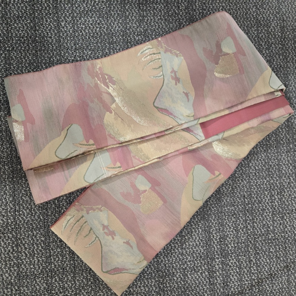 Vintage Japanese Nagoya Obi Kimono Sash Pink Gold Pastel Woven 133"